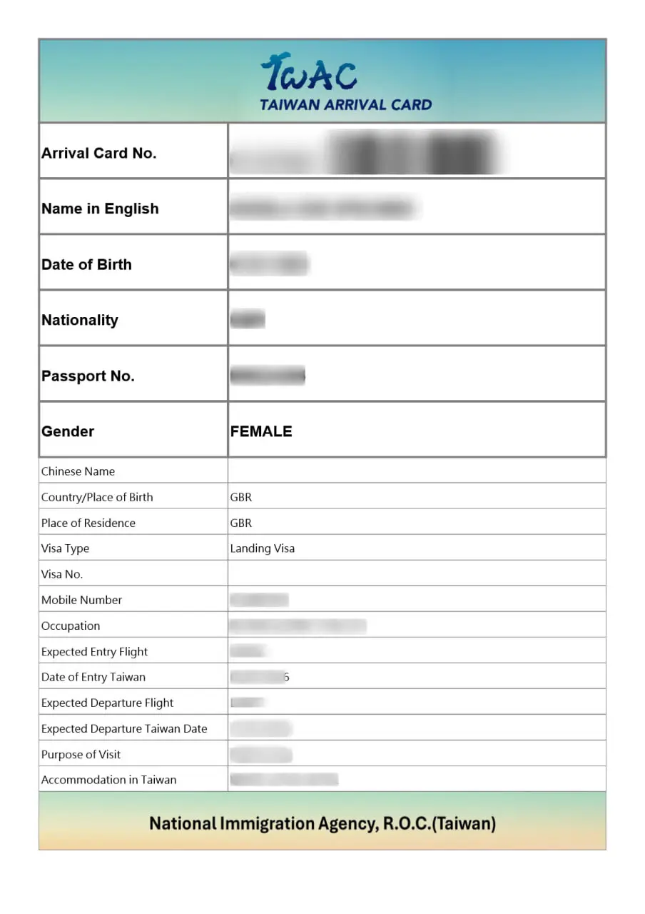 Taiwan Arrival Card (TWAC) - Official Form Sample